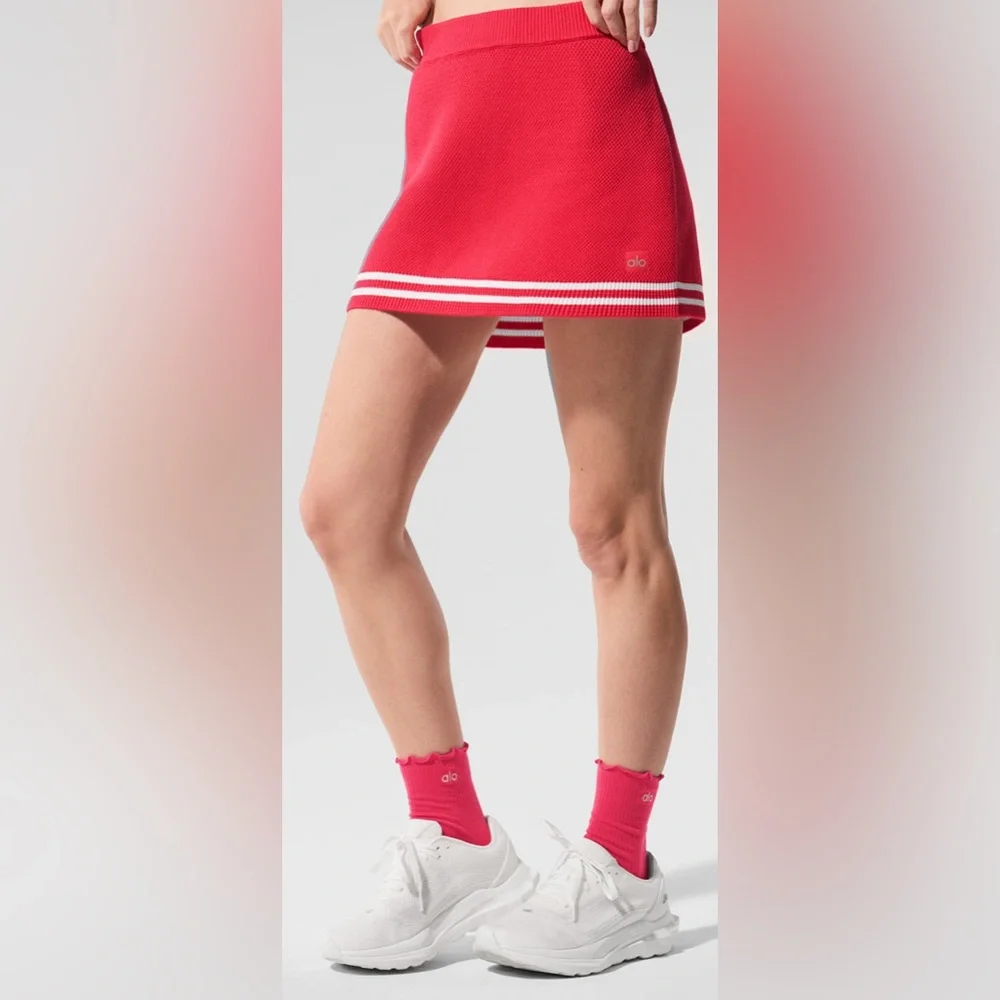 ALO Yoga Red Knit Tennis Skirt with White Stripe